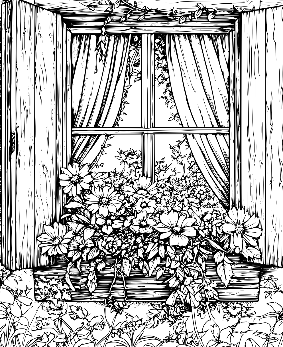 Window with flower box coloring page